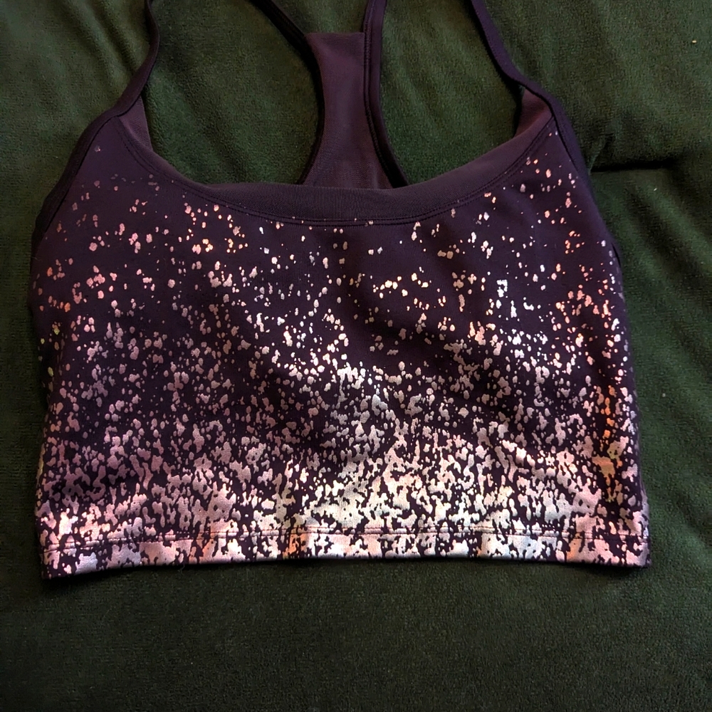 Purple/gold speckled sports bra